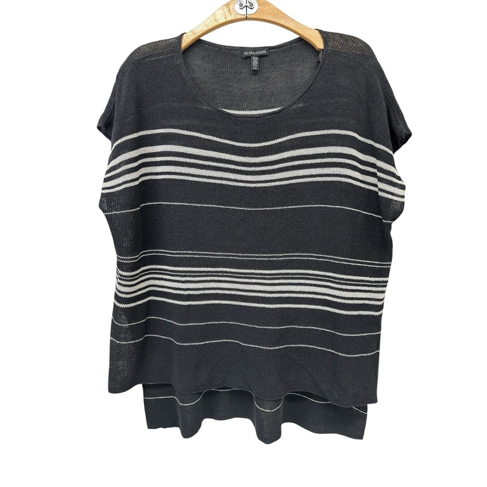 Eileen Fisher Linen Crepe Poncho Top Sz Large BLKGray Striped Boat Beck High/Low